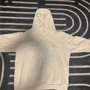 sp5der White Rhinestone Web Graphic Fleece Hoodie Size L